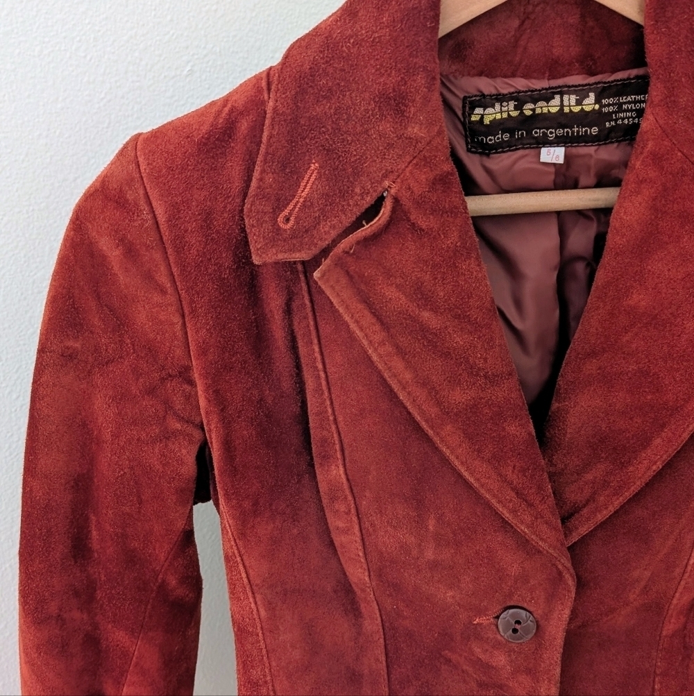 Vintage Authentic Leather Suede Collared Button Down Blazer In Rust/Burnt Orange - Picture 2 of 9